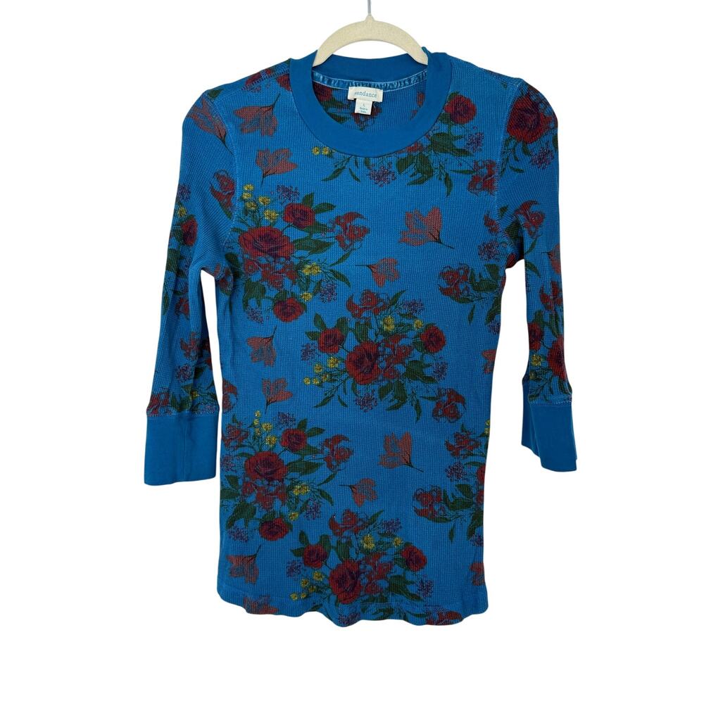 Sundance Floral Thermal Waffle Knit Top Women’s L Blue Boho Cotton Long Sleeve